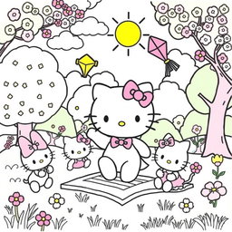 A charming coloring page illustration featuring Hello Kitty joyfully playing with her friends in a vibrant park scene