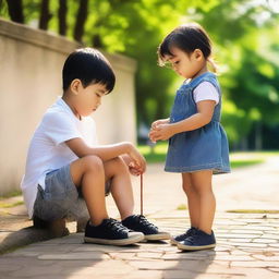 A young boy, with empathetic expression, in the process of tying a girl's shoe lace. The setting is outdoors under a warm, bright sunlight.