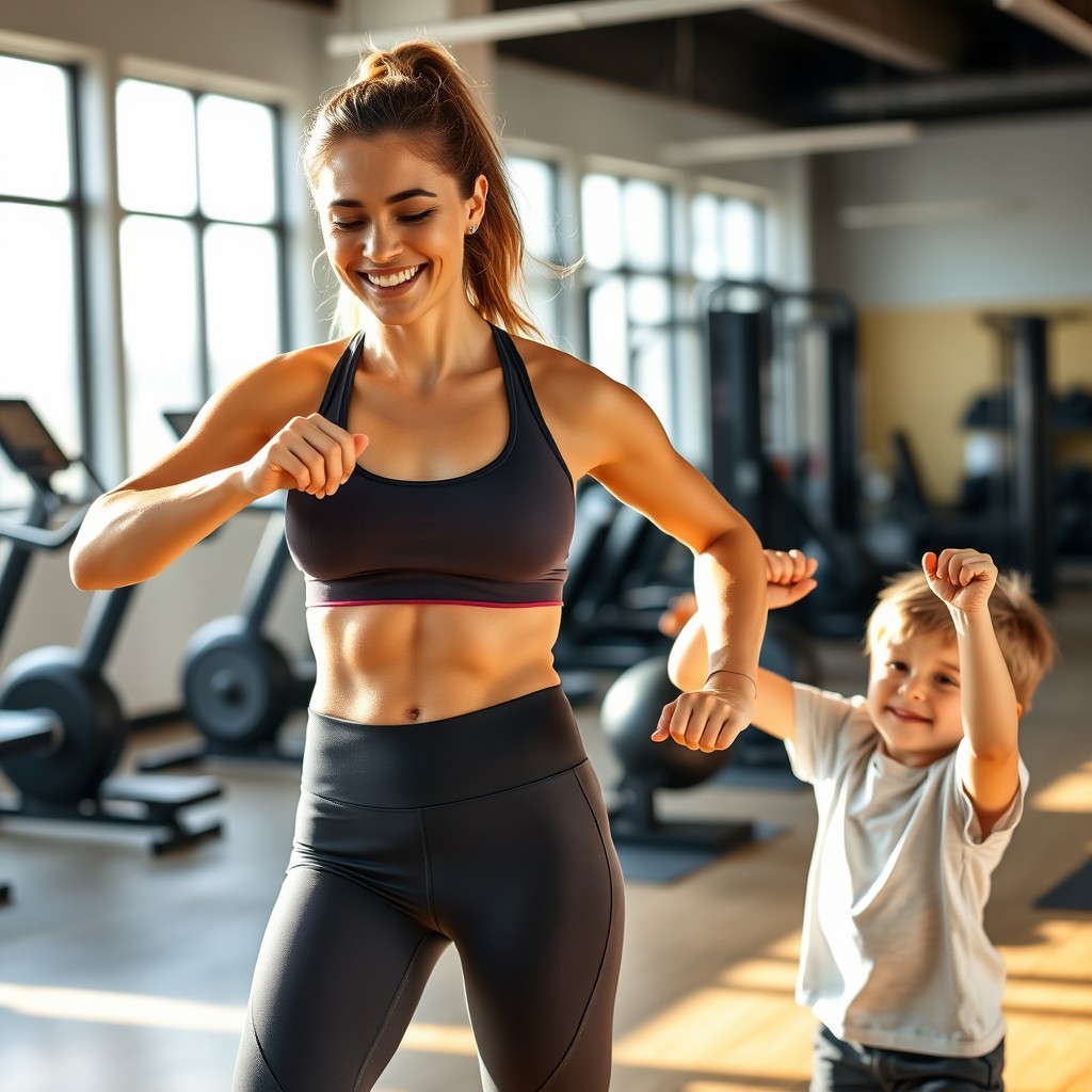 A young mother engaging in an active workout at a gym, showcasing her toned physique with a focus on her midriff where her belly button is visible