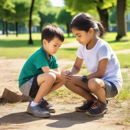 A young boy, with empathetic expression, in the process of tying a girl's shoe lace. The setting is outdoors under a warm, bright sunlight.