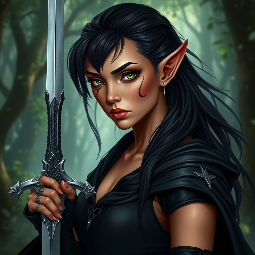 A mystical female elf with pointed ears, featuring stunning copper skin and flowing black hair that cascades down her shoulders
