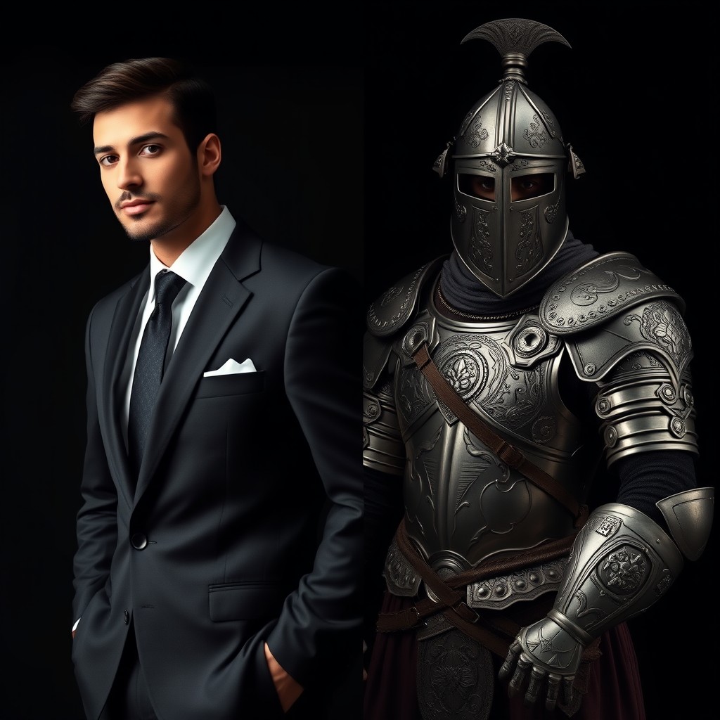 An artistic split portrait featuring an elegant Arab man on the left half, dressed in a sleek black suit and tie, standing confidently with one hand casually tucked into his pocket