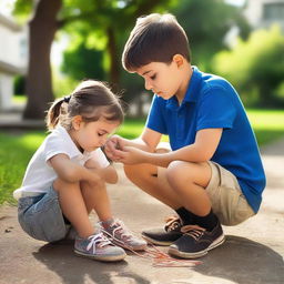 A young boy, with empathetic expression, in the process of tying a girl's shoe lace. The setting is outdoors under a warm, bright sunlight.