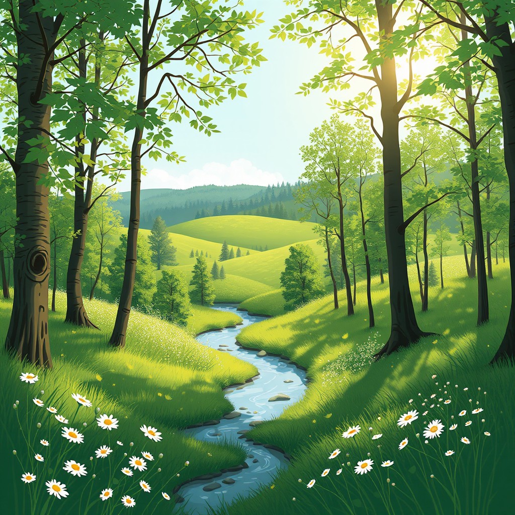A serene landscape illustration inspired by the aesthetics of Russian literature, featuring a tranquil forest scene with gentle sunlight filtering through the leaves
