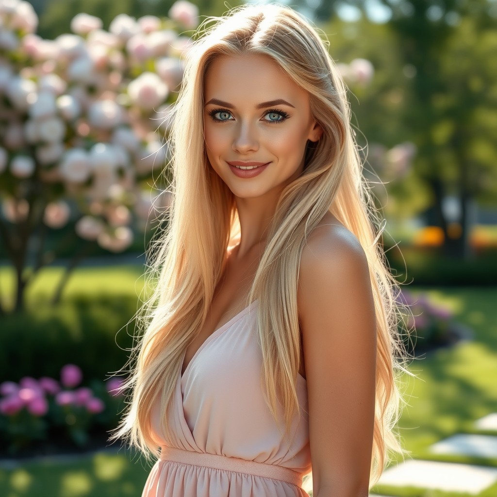 A slim adult woman with long blonde hair and striking blue eyes, exuding confidence and grace