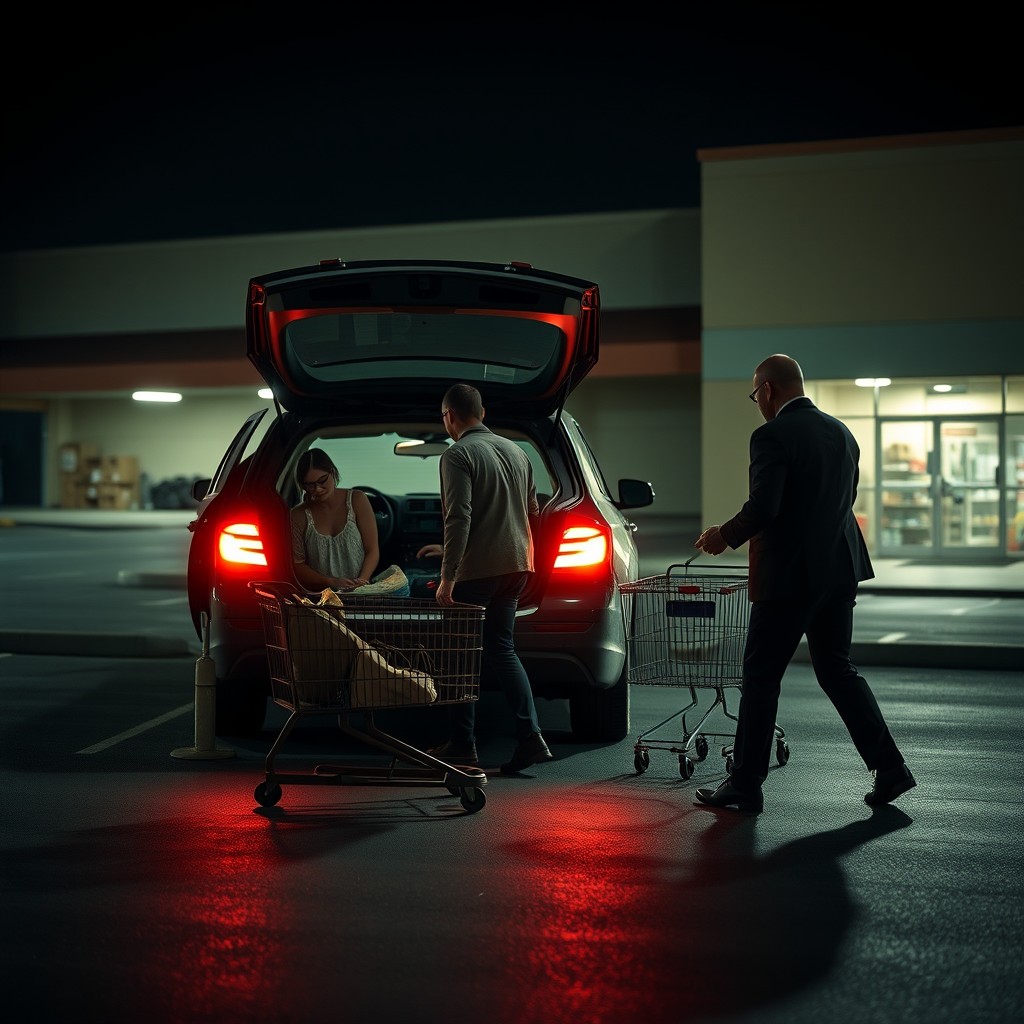 A dimly lit supermarket parking lot where a couple is loading their car trunk with groceries from a shopping cart