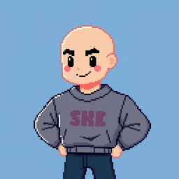 Minimalized pixel art style depicting a bald jock character wearing a stylish sweatshirt