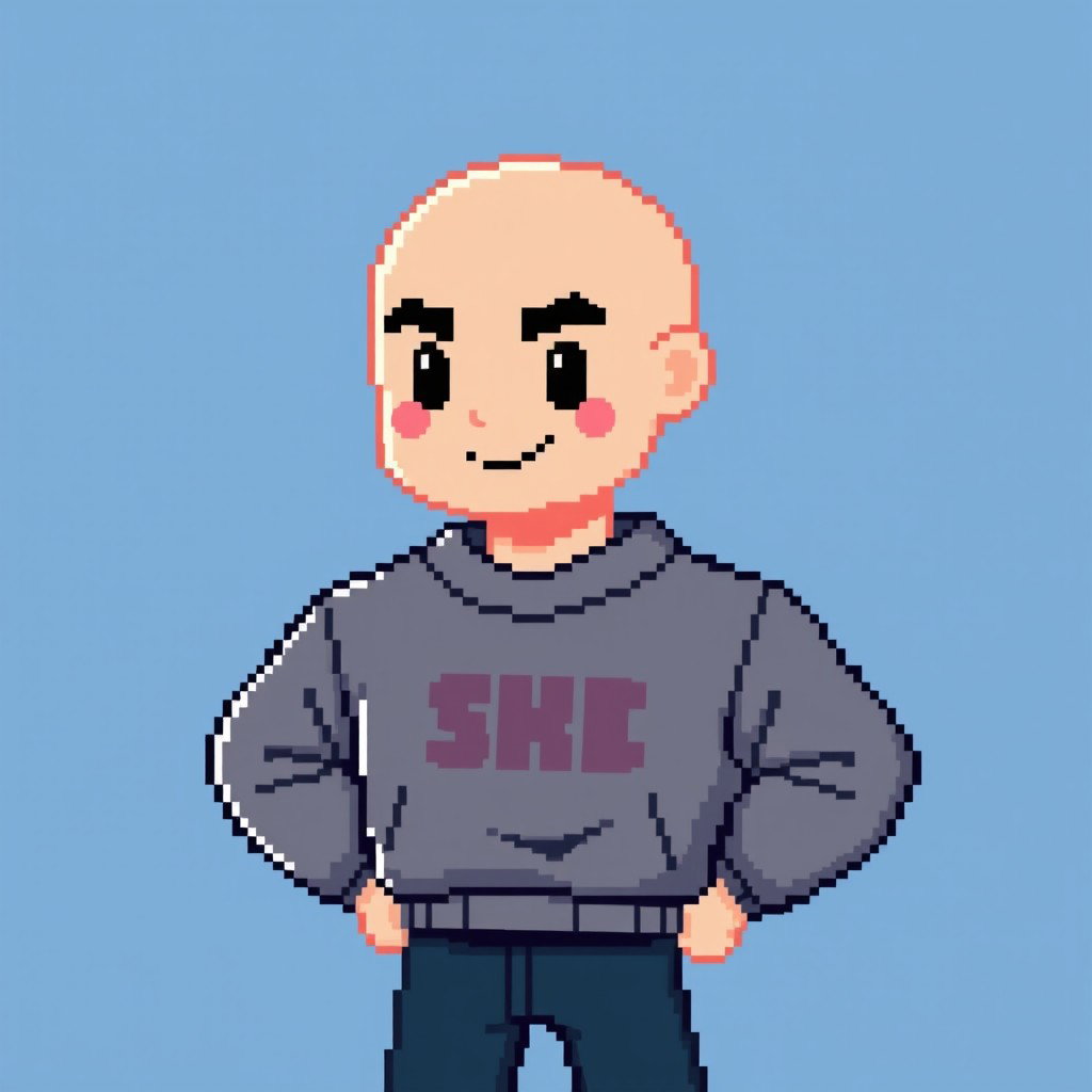 Minimalized pixel art style depicting a bald jock character wearing a stylish sweatshirt