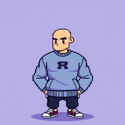 Minimalized pixel art style depicting a bald jock character wearing a stylish sweatshirt
