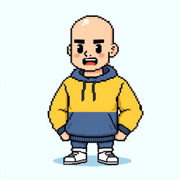Minimalized pixel art style depicting a bald jock character wearing a stylish sweatshirt