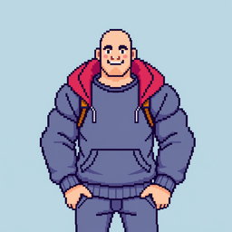 Minimalized pixel art style depicting a bald jock character wearing a stylish sweatshirt