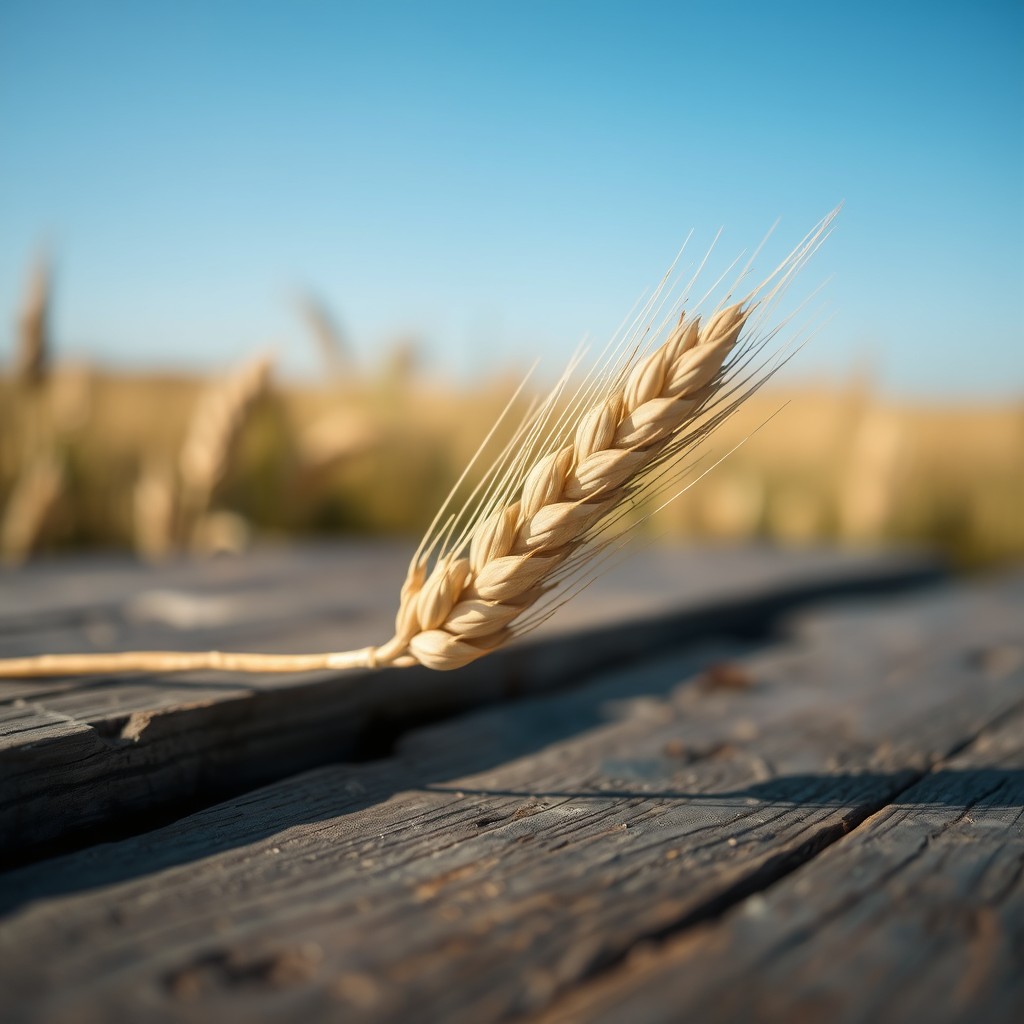 A single wheat grain sitting gracefully on a rustic wooden table, illuminated by soft, natural light