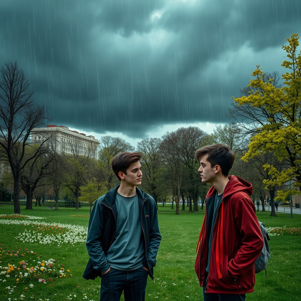 A spring park scene with two young men engaged in a heartfelt conversation