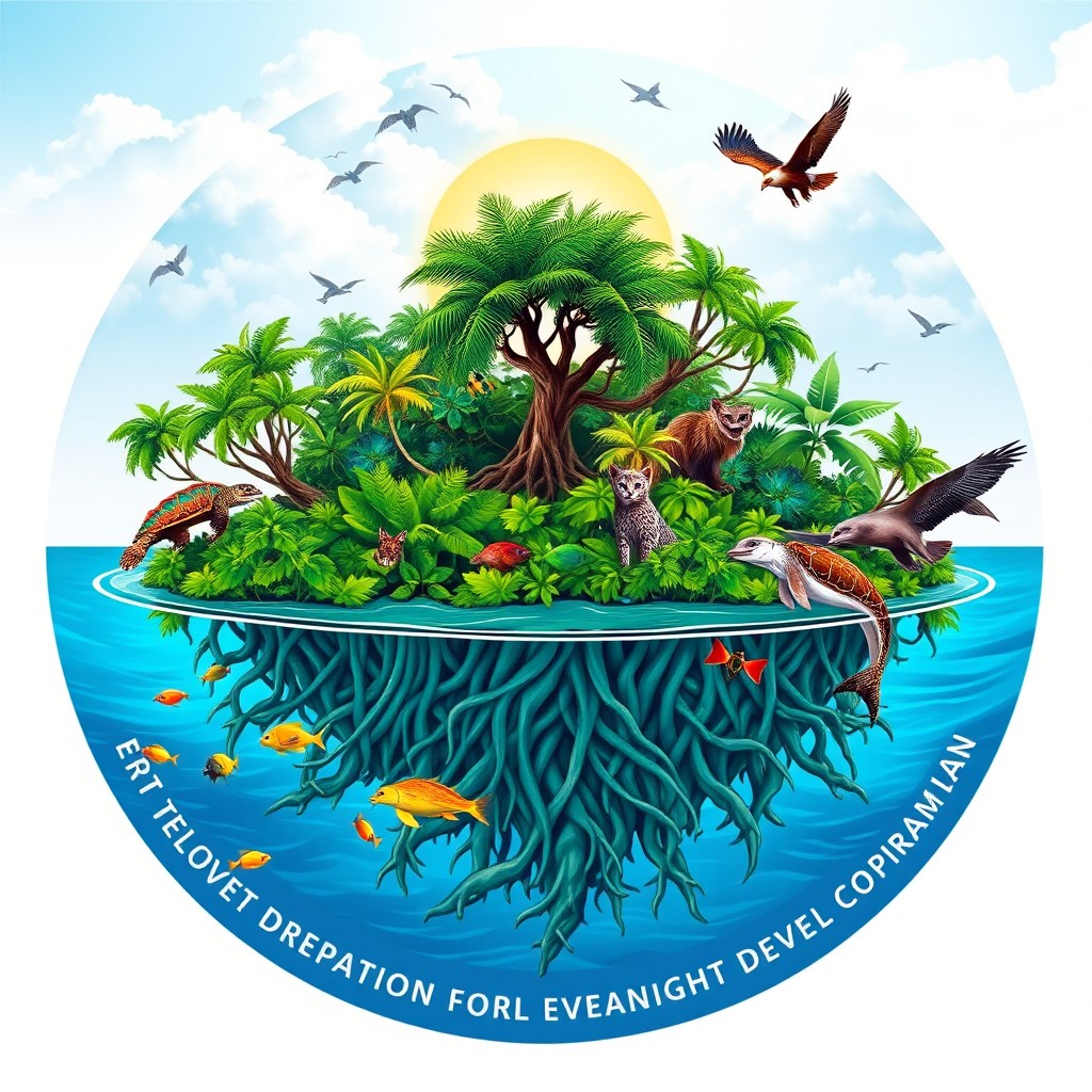 A vibrant and colorful logo depicting a lush tropical island surrounded by the ocean, showcasing dense mangrove trees with intricate roots that form a protective barrier