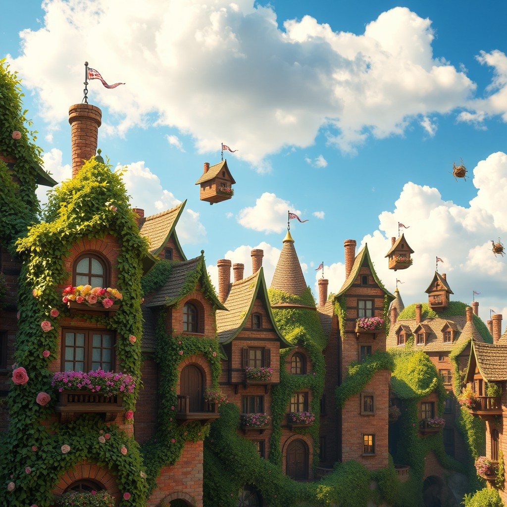 A vibrant city with small flying houses made of brick, beautifully covered in lush green vines and blooming roses