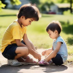 A young boy, with empathetic expression, in the process of tying a girl's shoe lace. The setting is outdoors under a warm, bright sunlight.