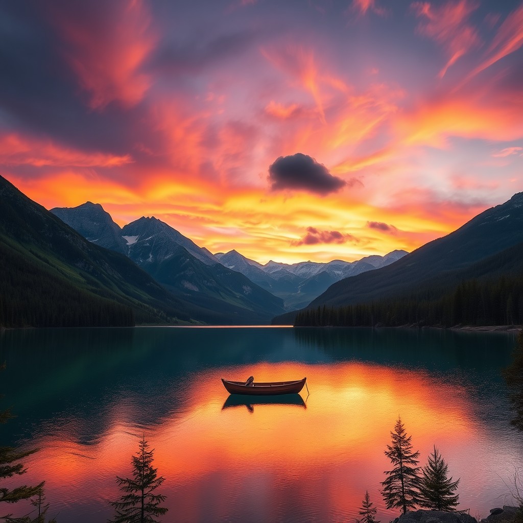 A stunning landscape featuring a vibrant sunset over a serene lake surrounded by lush green mountains, with a small wooden boat gently floating on the water