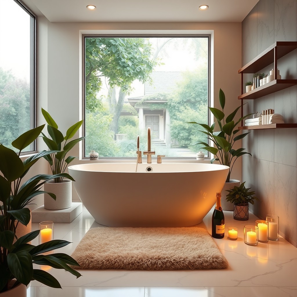 A luxurious modern bathroom featuring a large freestanding soaking tub surrounded by plants, glowing candles, and marble accents