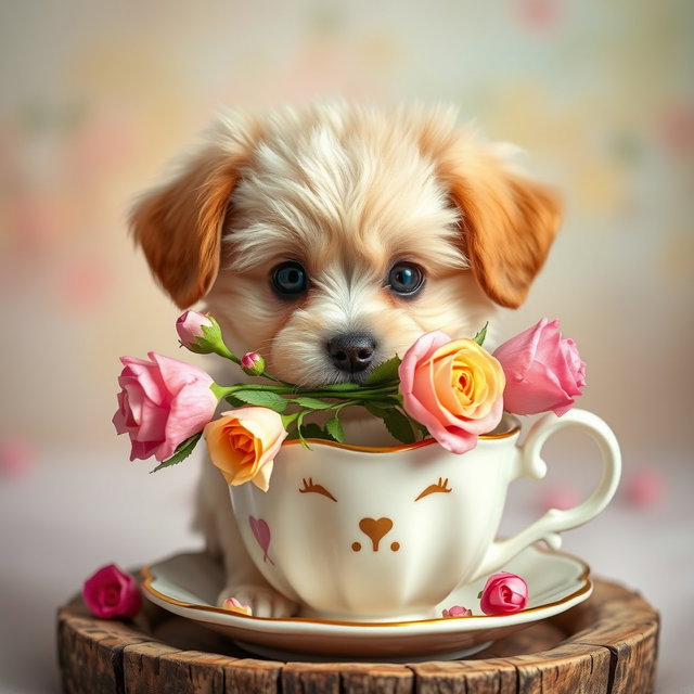 A cute puppy with big, expressive eyes holding a bouquet of roses in its mouth