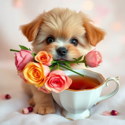 A cute puppy with big, expressive eyes holding a bouquet of roses in its mouth