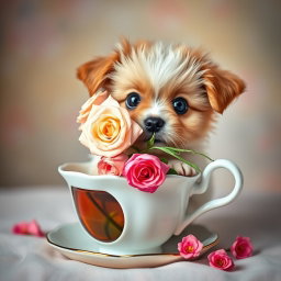 A cute puppy with big, expressive eyes holding a bouquet of roses in its mouth
