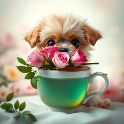 A cute puppy with big, expressive eyes holding a bouquet of roses in its mouth
