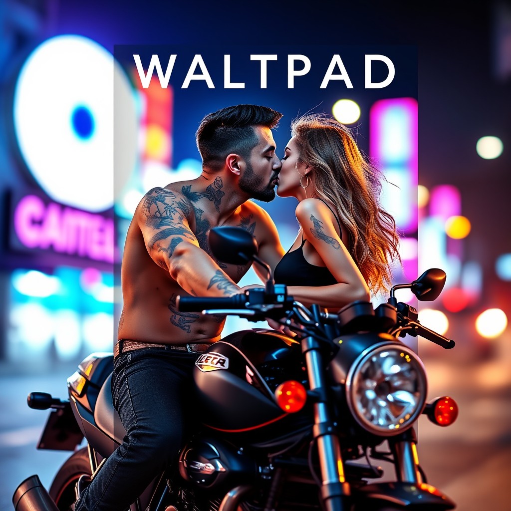 A Wattpad book cover featuring a tattooed boy on a sleek motorcycle leaning in to kiss a girl under the glow of vibrant neon lights at night