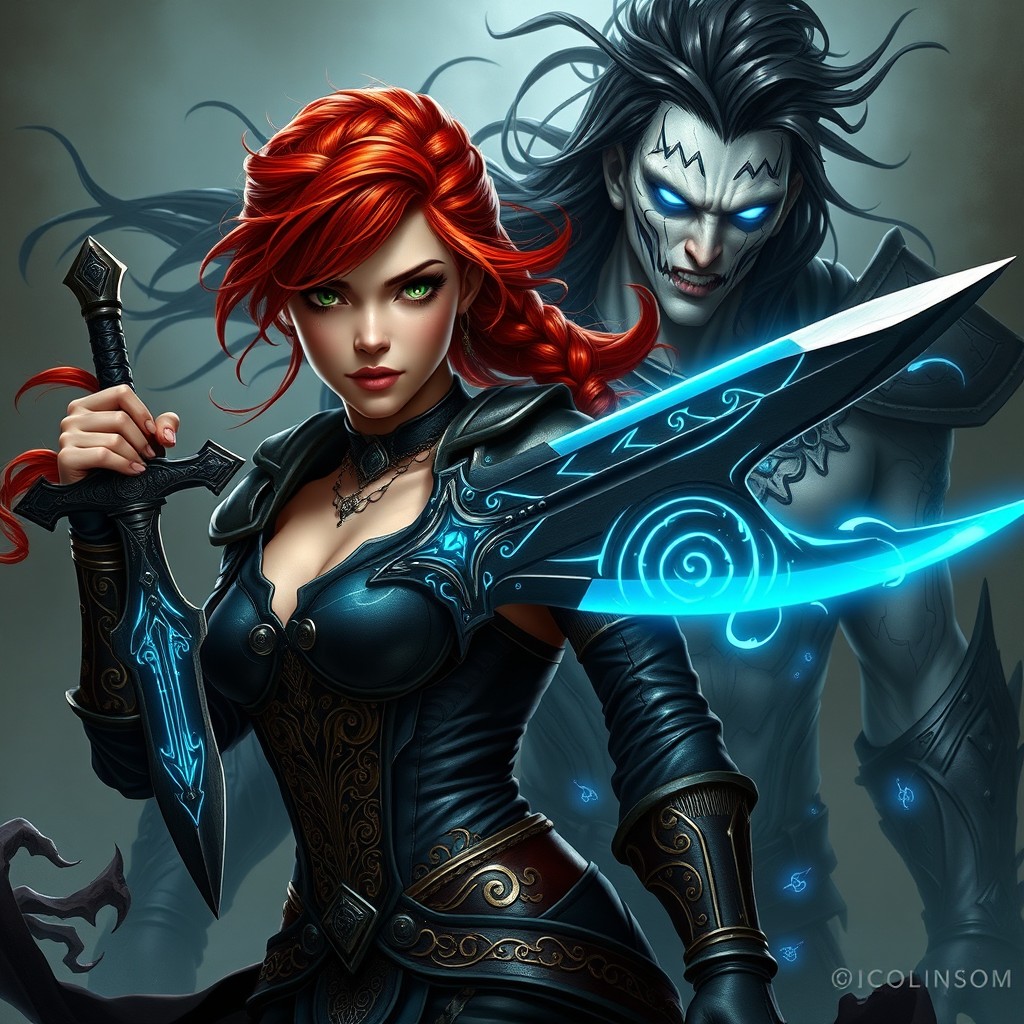 An epic fantasy scene showcasing Aylin, the soul thief, and El Sombra-Ser, her formidable antagonist
