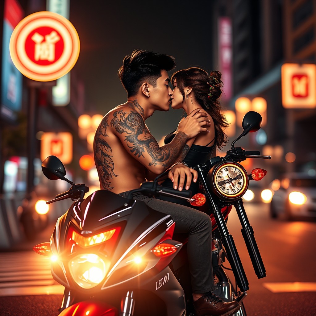 Uma capa de livro com um garoto coreano tatuado sentado em uma moto estilosa, inclinando-se para beijar uma garota coreana sob o brilho vibrante de luzes néon à noite