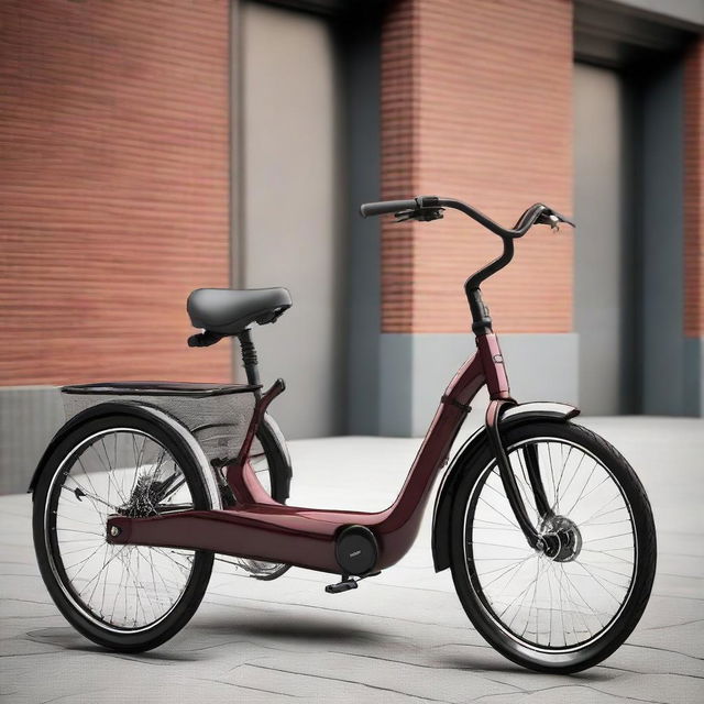 A modern transport tricycle, innovatively designed for efficiency and speed, with clean lines and a sleek metallic finish.