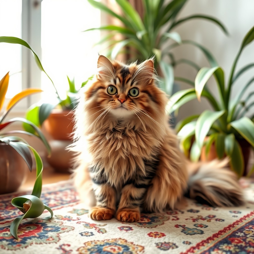 A beautiful long-haired Persian tabaxi with a fluffy coat, large expressive eyes, and an elegant tail