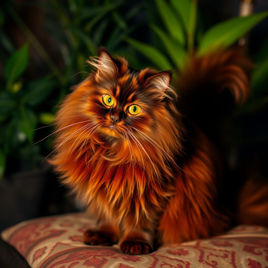 A stunning long-haired Persian tabaxi with a rich, deep rouge fur coat, radiating elegance and charm