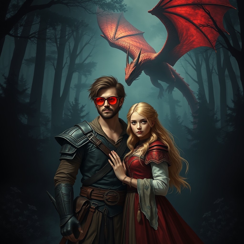 In a dark fantasy forest, a shabby masculine man dressed in rugged armor wears striking red shades