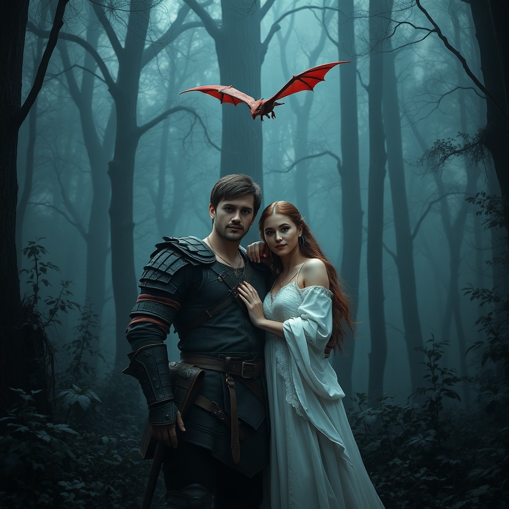 In a dark fantasy forest, a shabby masculine man stands confidently without glasses