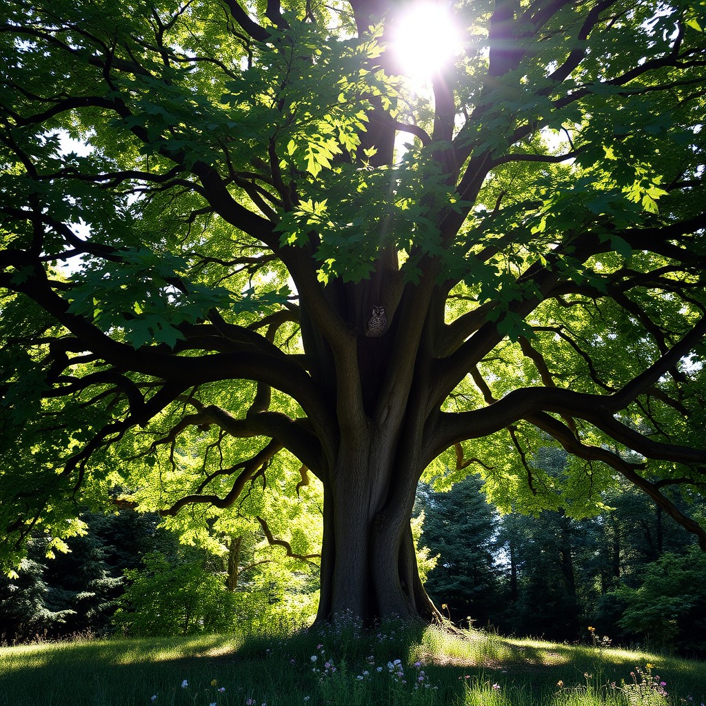 A majestic Quercus robur, or English oak tree, standing tall in a lush forest environment