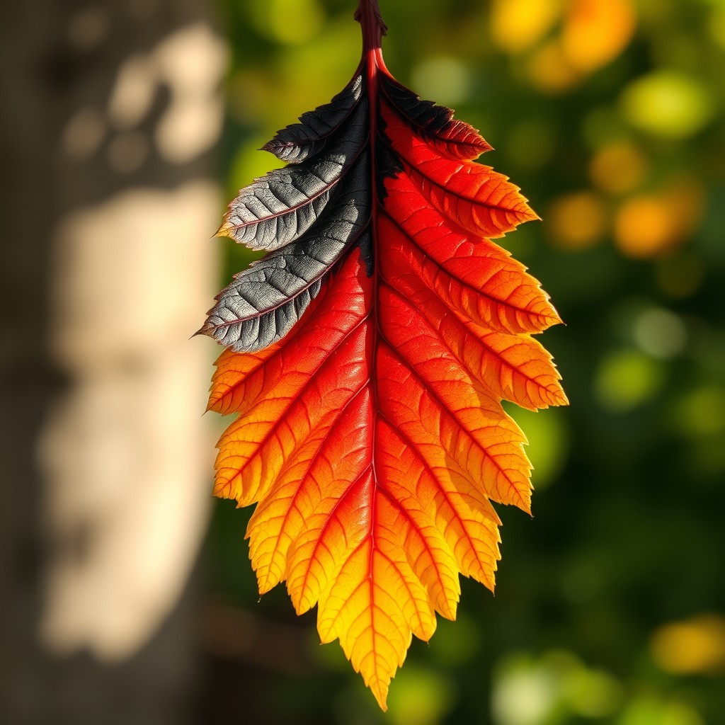 A close-up of a Quercus robur leaf, beautifully displaying the vibrant colors of the German flag: black, red, and gold