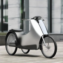 A modern transport tricycle, innovatively designed for efficiency and speed, with clean lines and a sleek metallic finish.