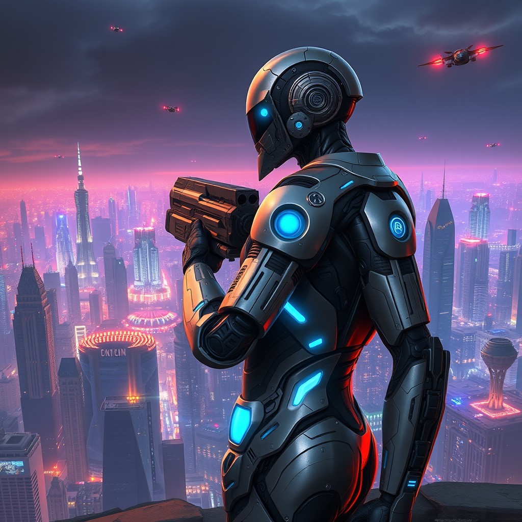 A futuristic cyborg standing at the edge of a massive city, gazing out over the skyline