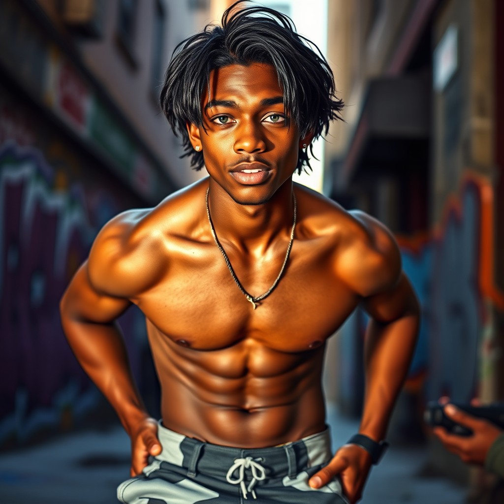 A young black man, 18 years old, with light green eyes, medium-length black hair, and an athletic physique