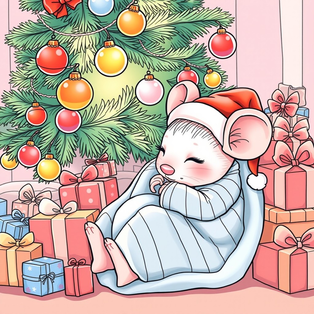 A sweet Christmas mouse wearing cozy striped pajamas and a little nightcap, curled up asleep under a beautifully decorated Christmas tree