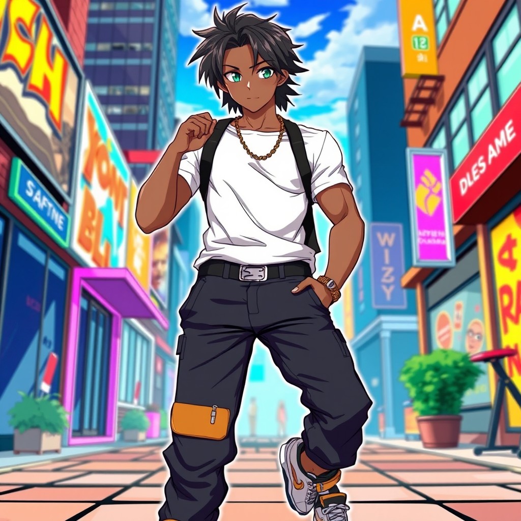 An anime-style illustration of a young black man, 18 years old, with light green eyes, medium-length black hair, and an athletic build