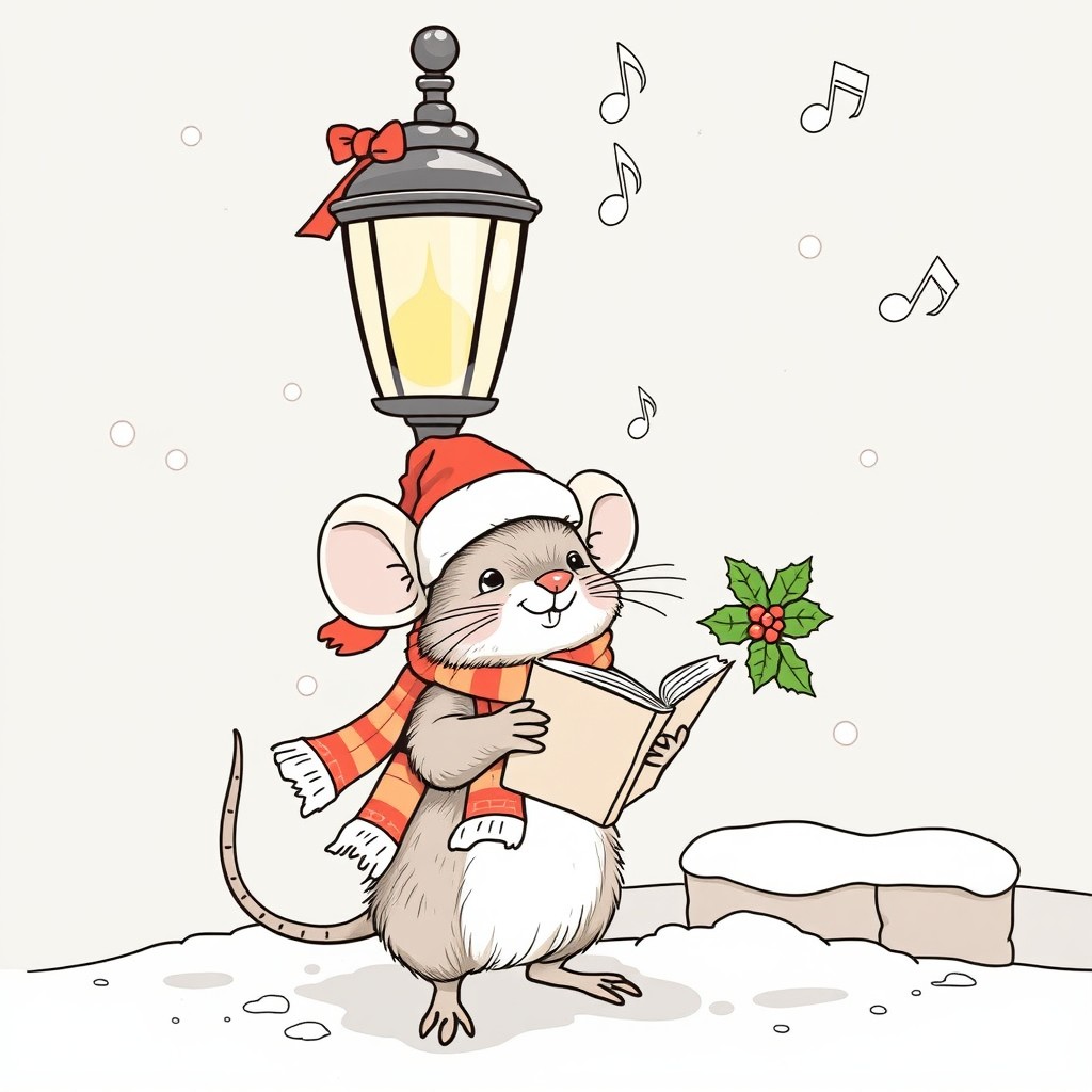 A cute Christmas mouse wearing a festive hat and scarf stands beside a vintage streetlamp, holding a little songbook in its paws and singing carols