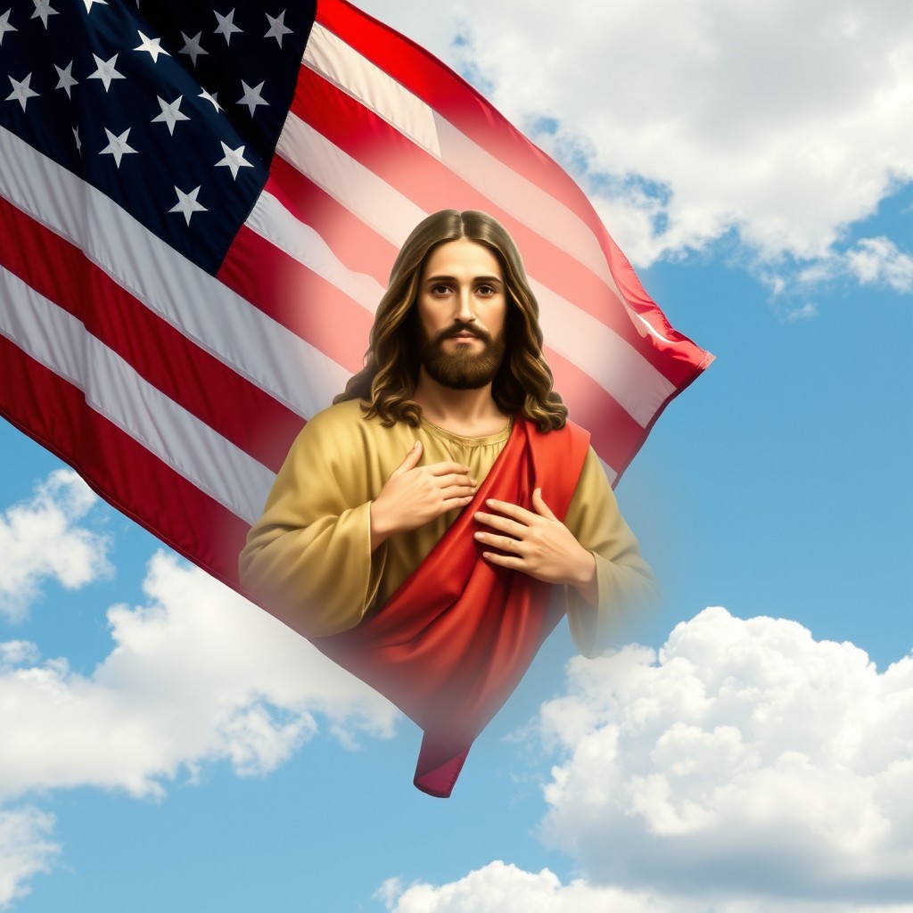 An American flag prominently displayed with a serene and majestic depiction of Jesus Christ superimposed over it