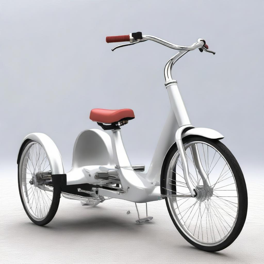 A modern transport tricycle, innovatively designed for efficiency and speed, with clean lines and a sleek metallic finish.