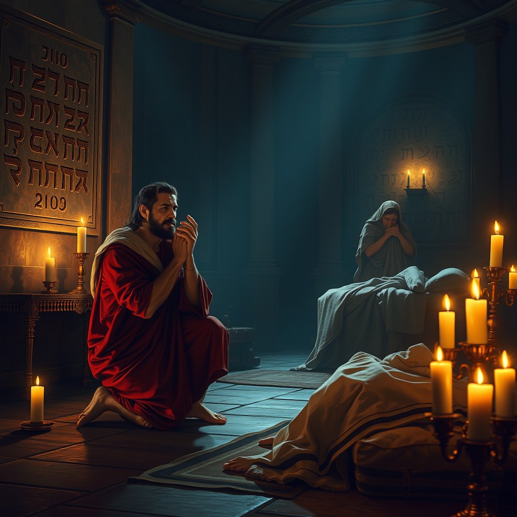 A biblical scene depicting King David kneeling in intense prayer to Yahweh, his face filled with anguish and tears in a dimly lit royal chamber