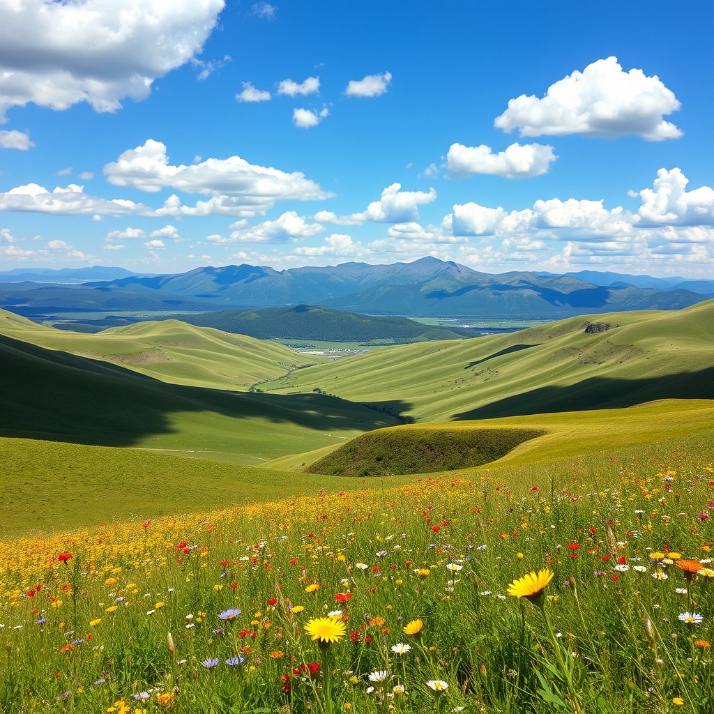 An expansive open space landscape with rolling hills under a clear blue sky, dotted with fluffy white clouds