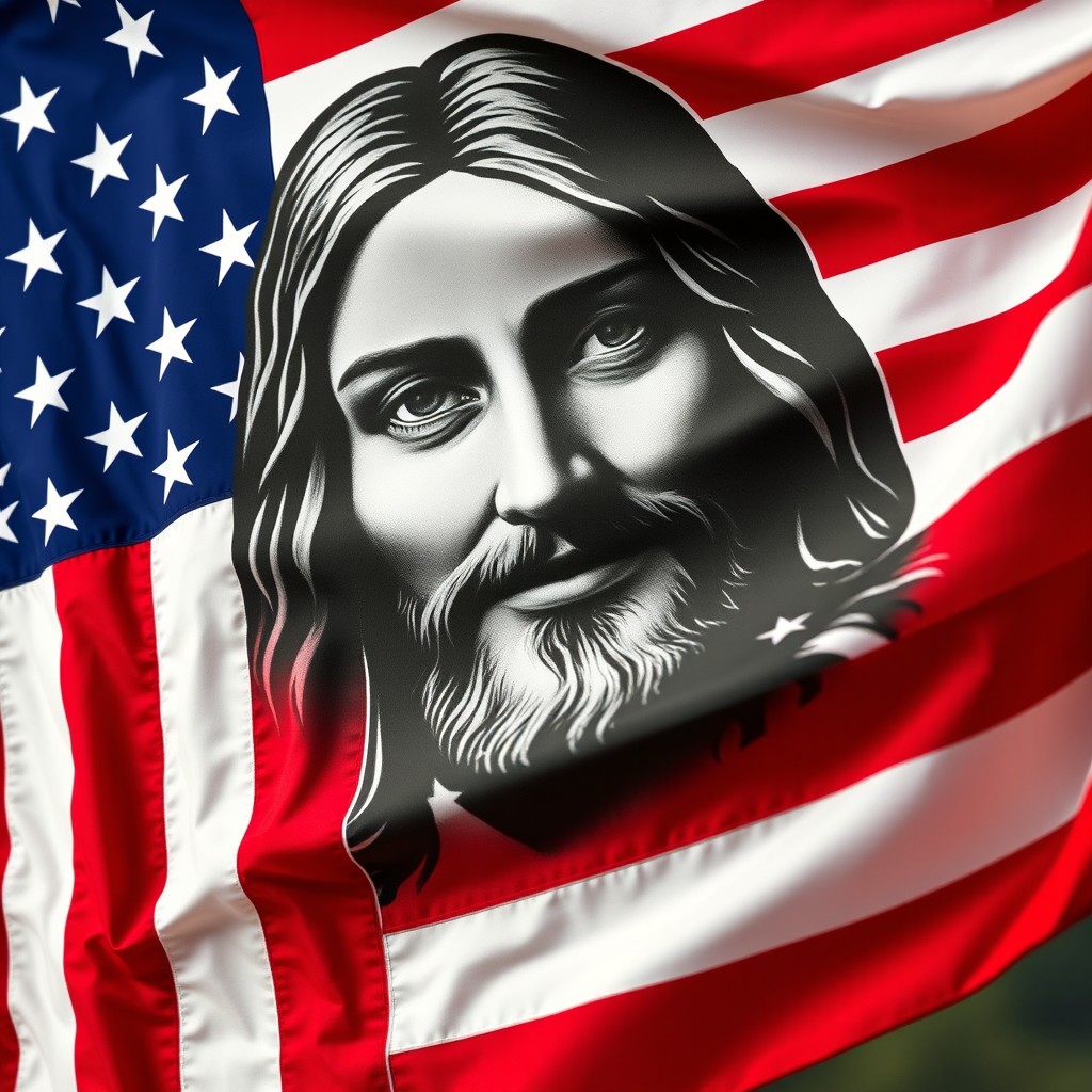 An American flag displayed with a striking black and white depiction of Jesus Christ's face prominently featured in the center