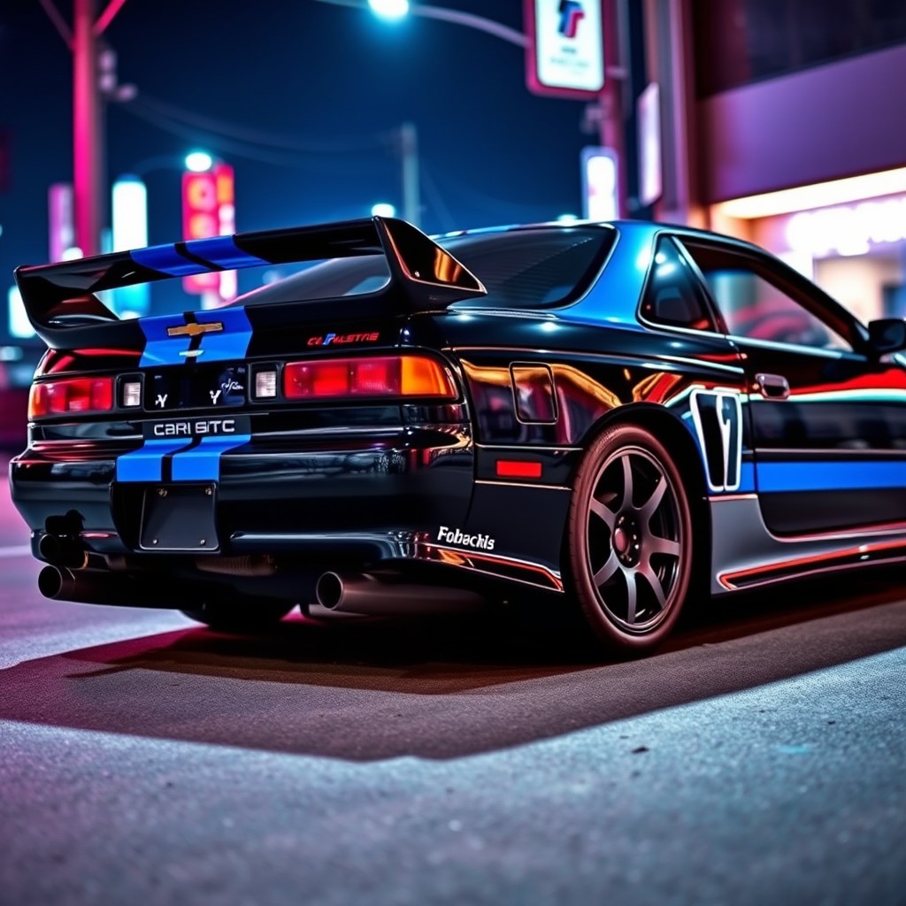 A 1992 model sports car featuring a sleek and aggressive body kit, enhanced with a large rear spoiler