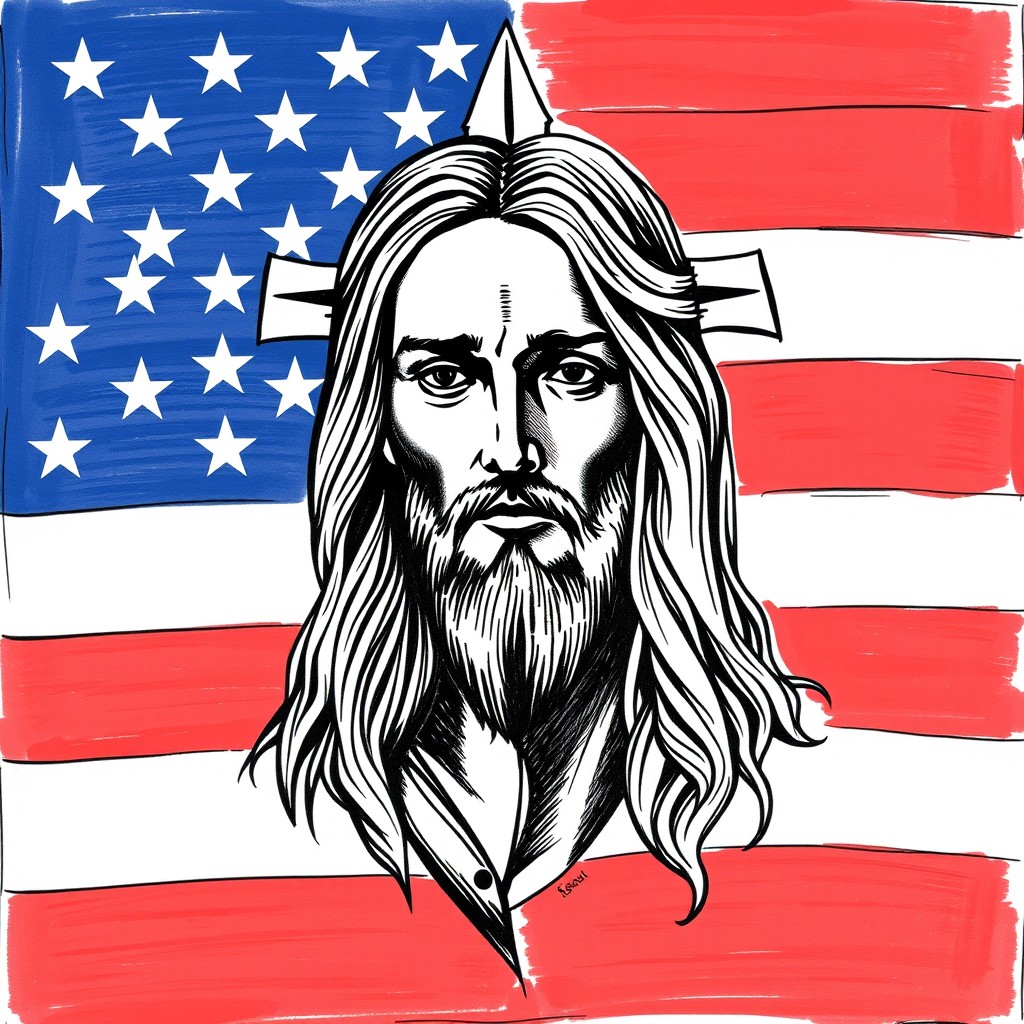 An artistic representation of an American flag featuring the face of Jesus Christ intricately integrated into the design