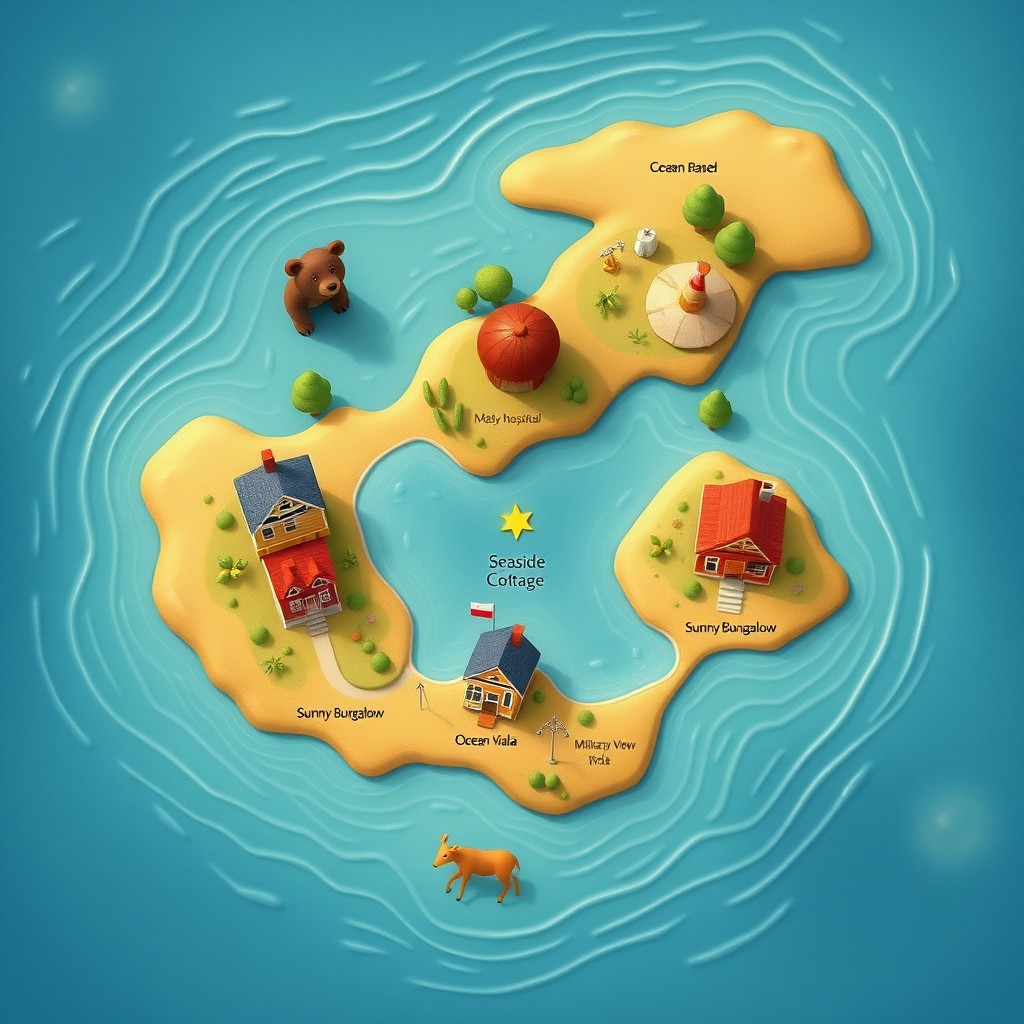A small whimsical map surrounded by the sea, featuring several houses in unique shapes